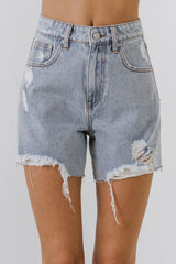 Destroyed Hem Denim Shorts