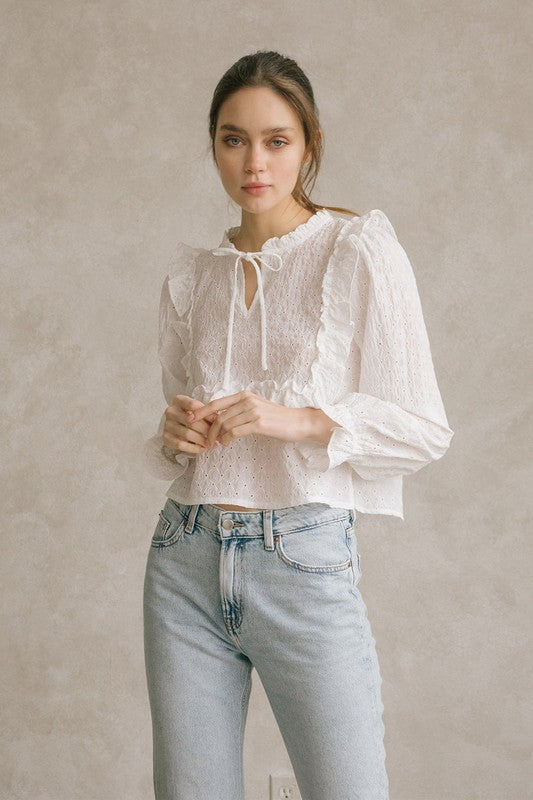 Monochromatic Eyelet Peasant Top