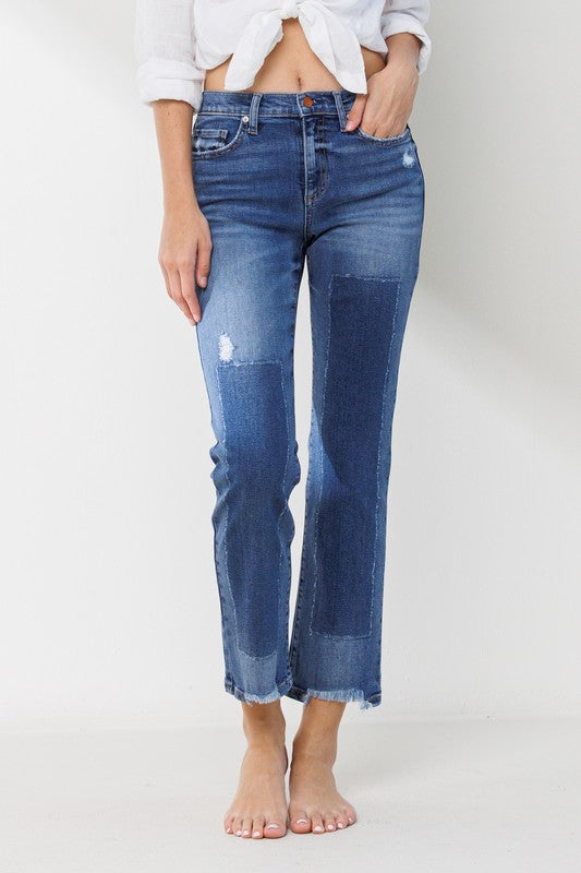 Patchwork Mid Rise Straight Jeans