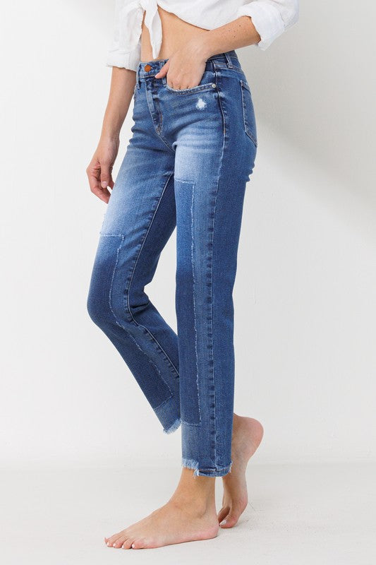 Patchwork Mid Rise Straight Jeans