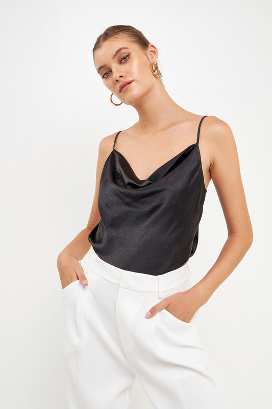Black Satin Cowl Neck Top