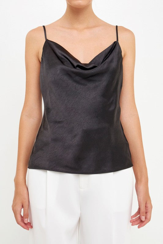 Black Satin Cowl Neck Top
