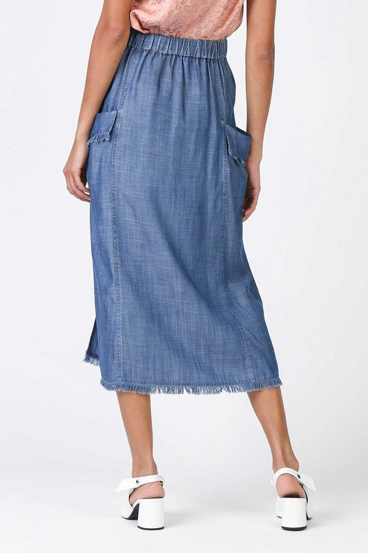 Chambray Flap Pockets Midi Skirt