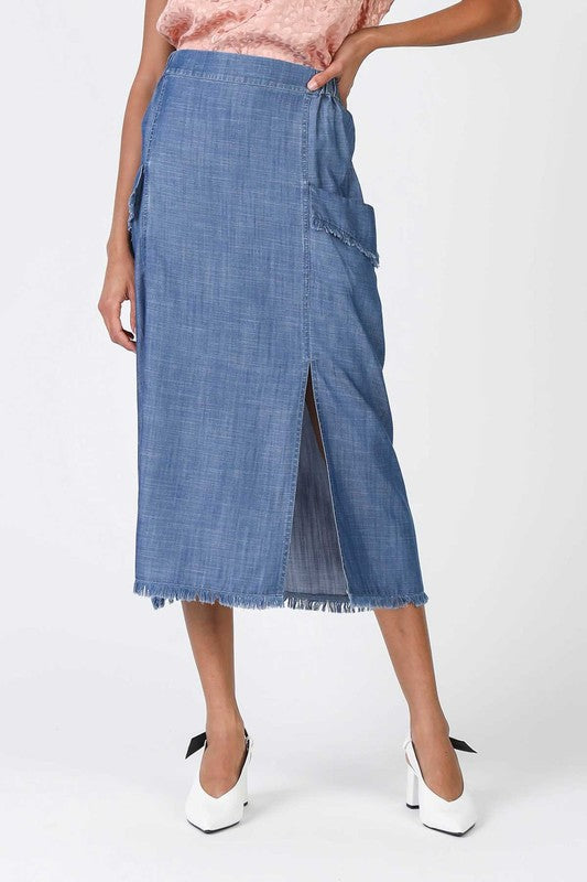 Chambray Flap Pockets Midi Skirt