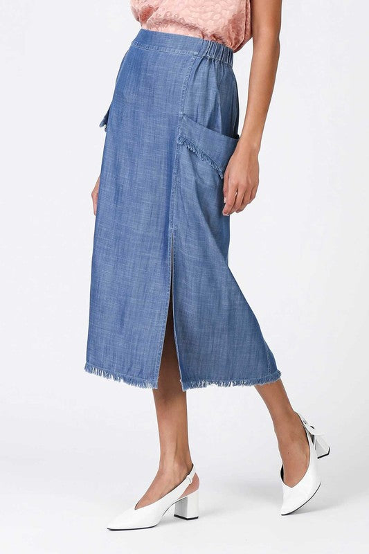Chambray Flap Pockets Midi Skirt